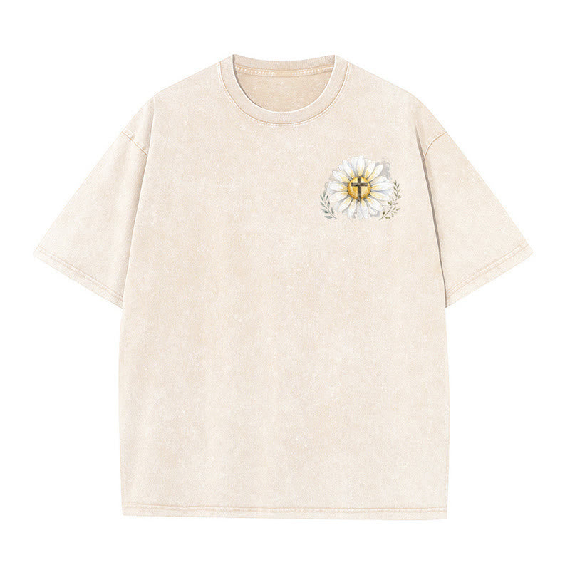 Christianartworkshop Jesus Saved My Life Watercolor Daisy Cross Front And Back Print Washed T-Shirt