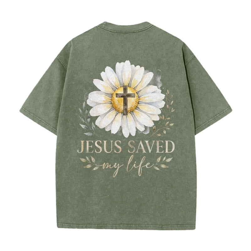 Christianartworkshop Jesus Saved My Life Watercolor Daisy Cross Front And Back Print Washed T-Shirt
