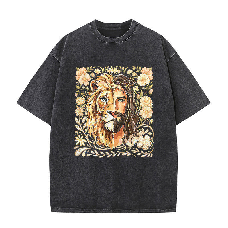 Christianartworkshop Lion of Judah Floral Faith Statement Washed Unisex T-Shirt