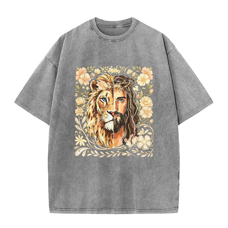 Christianartworkshop Lion of Judah Floral Faith Statement Washed Unisex T-Shirt