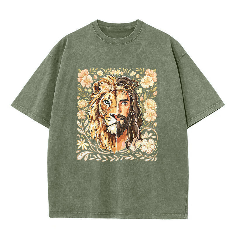 Christianartworkshop Lion of Judah Floral Faith Statement Washed Unisex T-Shirt