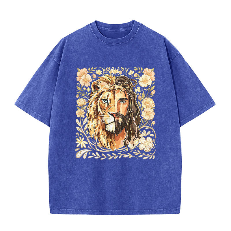 Christianartworkshop Lion of Judah Floral Faith Statement Washed Unisex T-Shirt