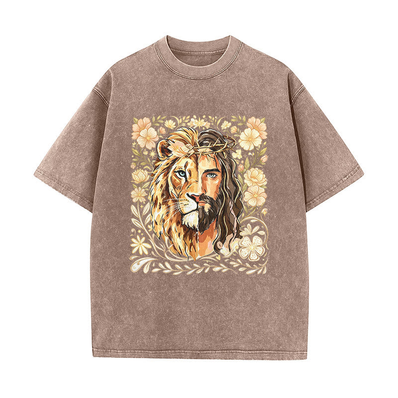 Christianartworkshop Lion of Judah Floral Faith Statement Washed Unisex T-Shirt