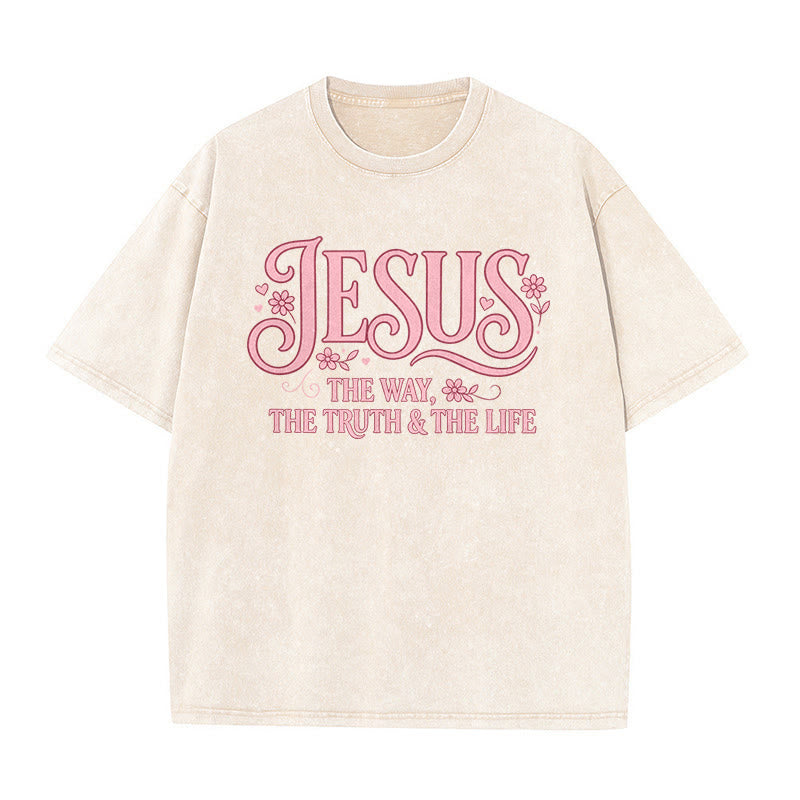 Christianartworkshop Decorative Floral "Jesus The Way The Truth & The Life" Washed Unisex T-Shirt