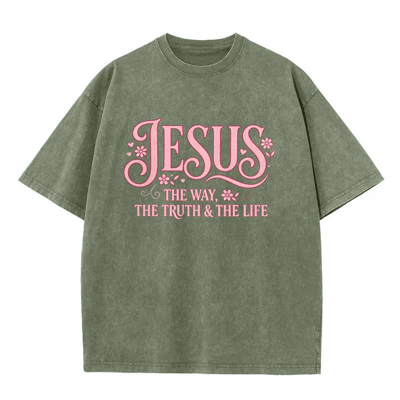 Christianartworkshop Decorative Floral "Jesus The Way The Truth & The Life" Washed Unisex T-Shirt