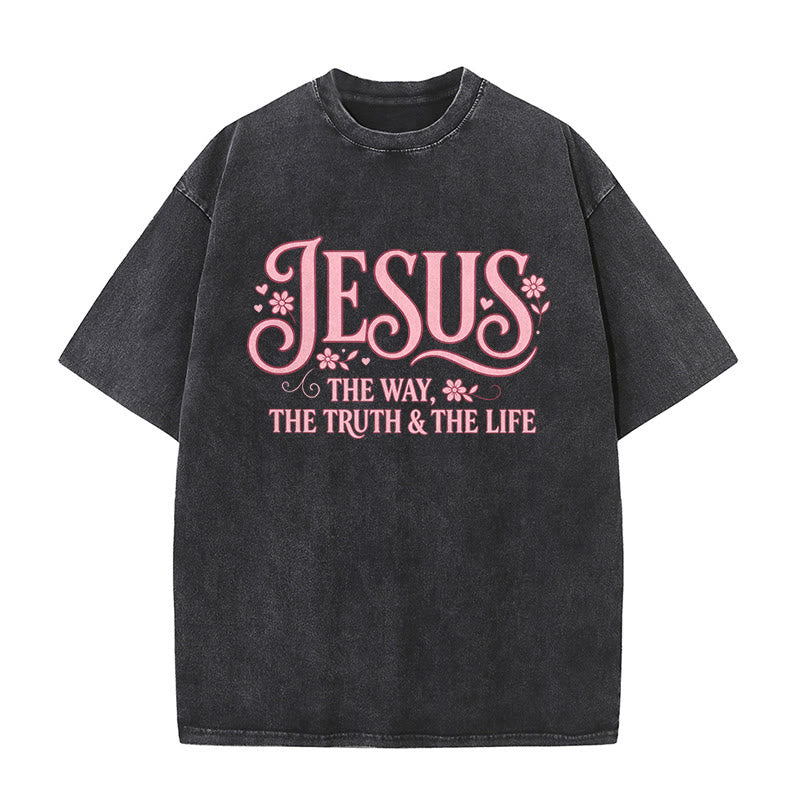 Christianartworkshop Decorative Floral "Jesus The Way The Truth & The Life" Washed Unisex T-Shirt