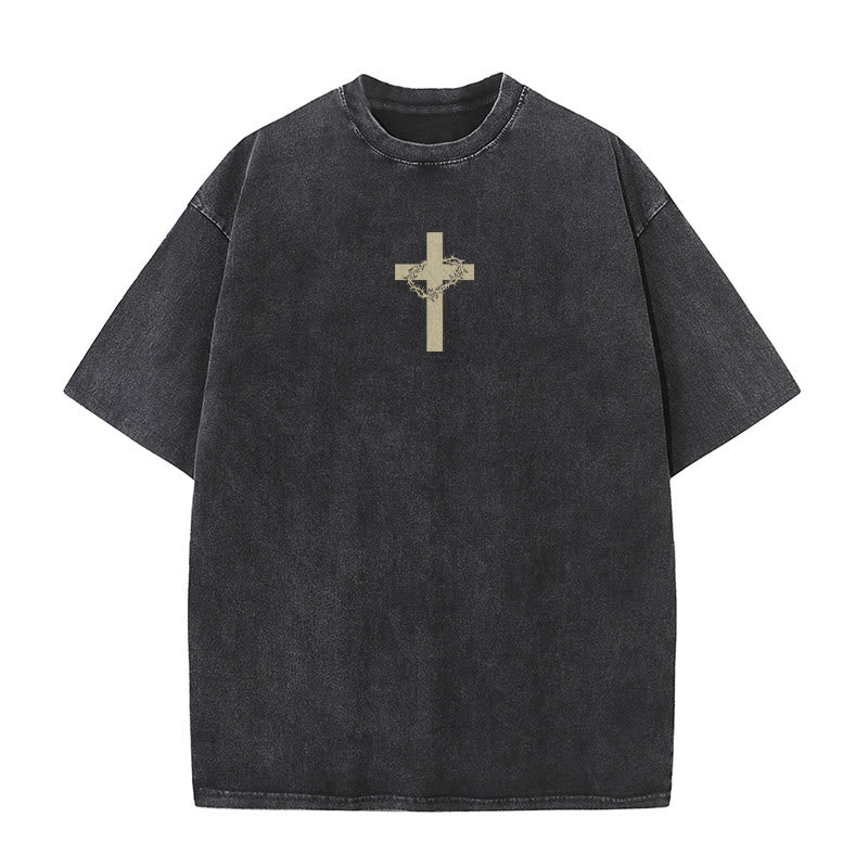 Christianartworkshop Cross with Crown of Thorns Detail Washed Unisex T-Shirt