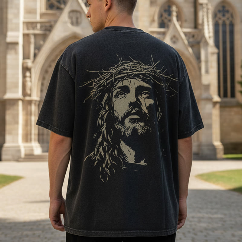 Christianartworkshop Cross with Crown of Thorns Detail Washed Unisex T-Shirt