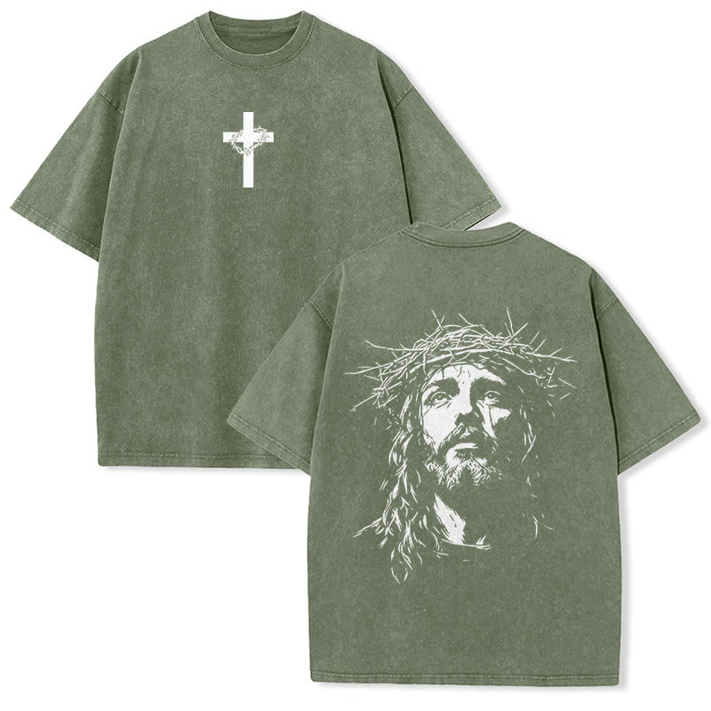 Christianartworkshop Cross with Crown of Thorns Detail Washed Unisex T-Shirt