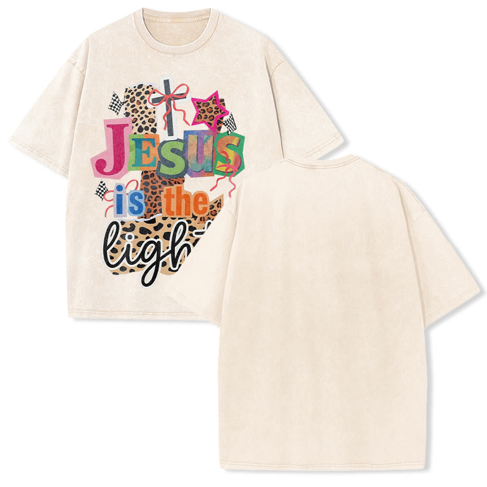 Christianartworkshop Jesus Is The Light Leopard Cross Bow Star Graphic Washed Unisex T-Shirt