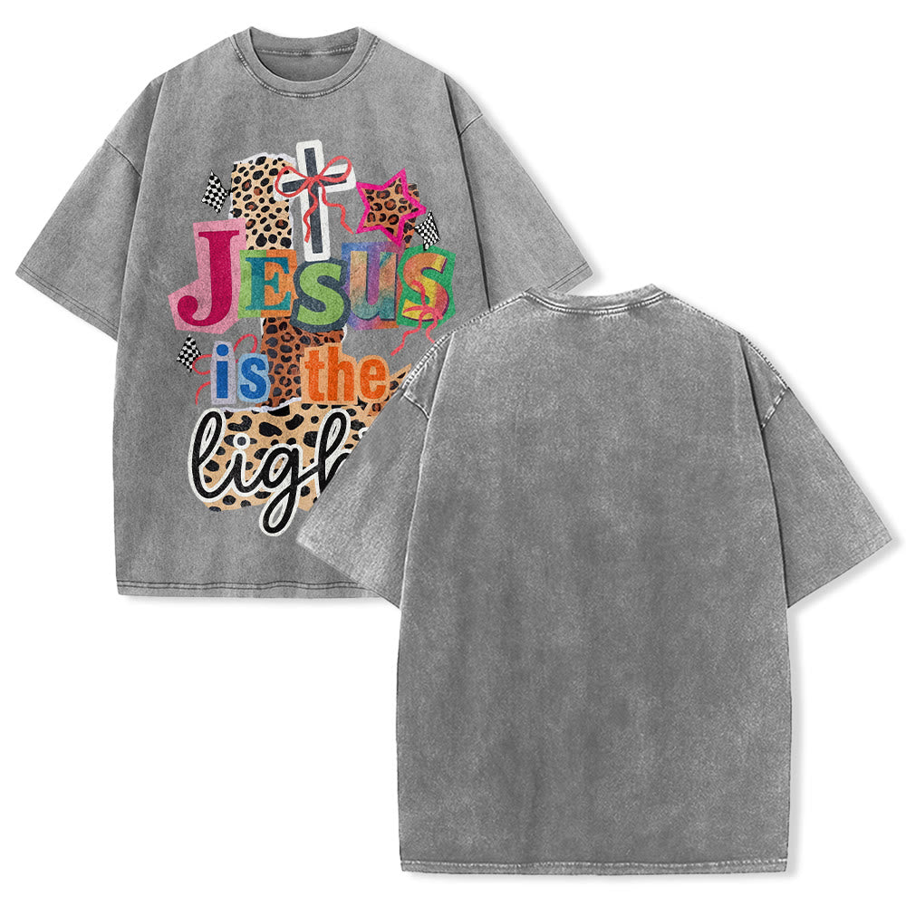 Christianartworkshop Jesus Is The Light Leopard Cross Bow Star Graphic Washed Unisex T-Shirt