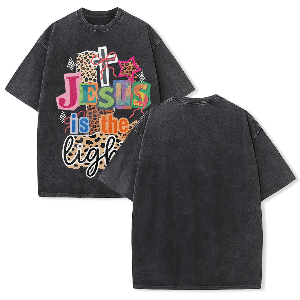 Christianartworkshop Jesus Is The Light Leopard Cross Bow Star Graphic Washed Unisex T-Shirt