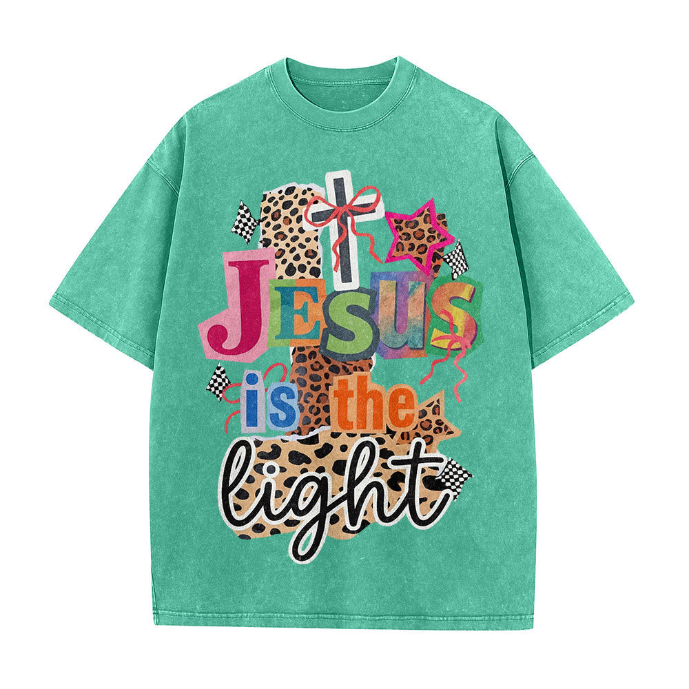Christianartworkshop Jesus Is The Light Leopard Cross Bow Star Graphic Washed Unisex T-Shirt
