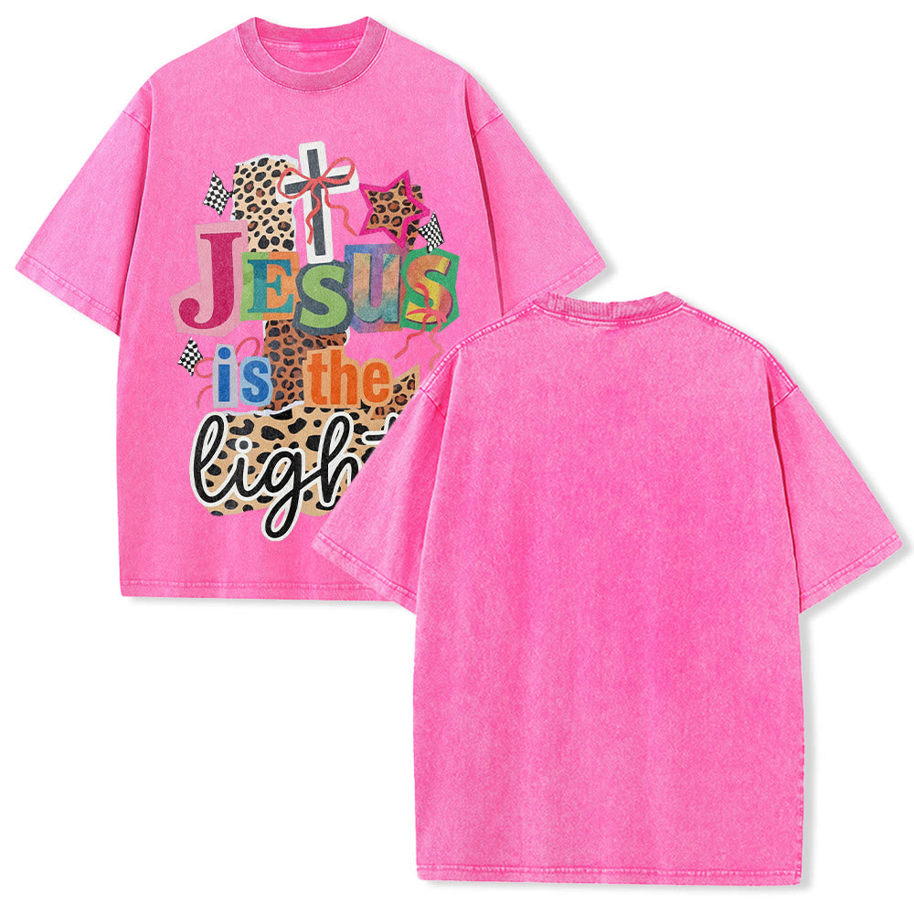 Christianartworkshop Jesus Is The Light Leopard Cross Bow Star Graphic Washed Unisex T-Shirt