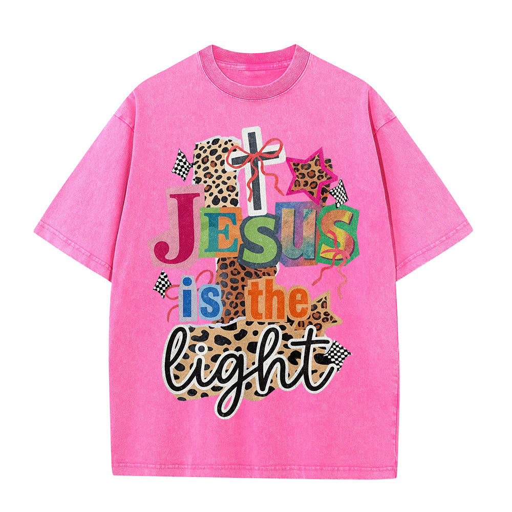 Christianartworkshop Jesus Is The Light Leopard Cross Bow Star Graphic Washed Unisex T-Shirt