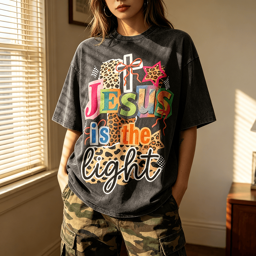 Christianartworkshop Jesus Is The Light Leopard Cross Bow Star Graphic Washed Unisex T-Shirt