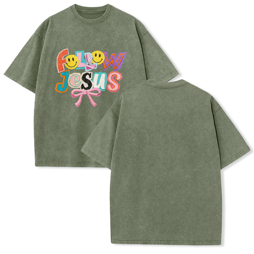 Christianartworkshop Follow Jesus Smile Bow Color Block Letter Washed Unisex T-Shirt