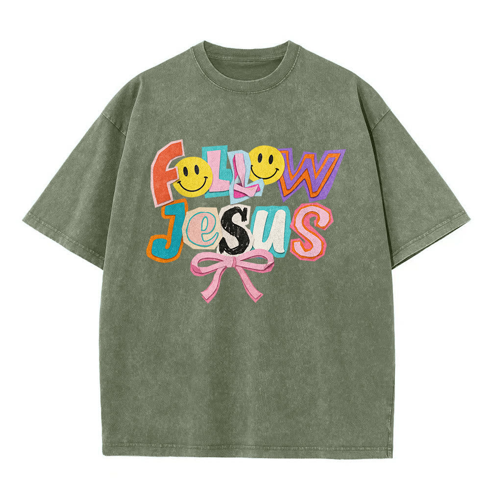 Christianartworkshop Follow Jesus Smile Bow Color Block Letter Washed Unisex T-Shirt