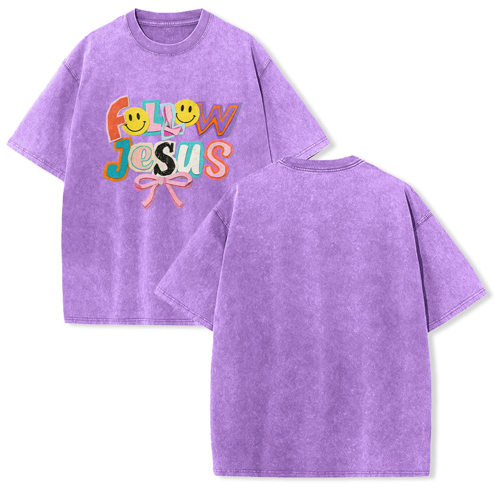 Christianartworkshop Follow Jesus Smile Bow Color Block Letter Washed Unisex T-Shirt