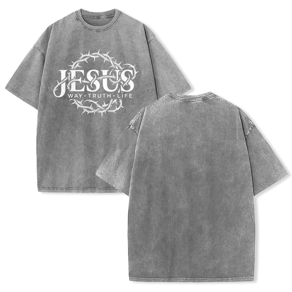 Christianartworkshop Jesus Way Truth Life Crown Of Thorns Circular Graphic Washed Unisex T-Shirt