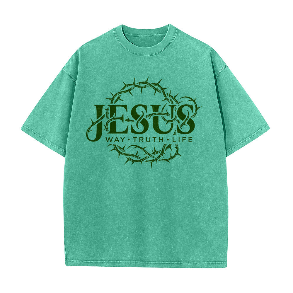 Christianartworkshop Jesus Way Truth Life Crown Of Thorns Circular Graphic Washed Unisex T-Shirt