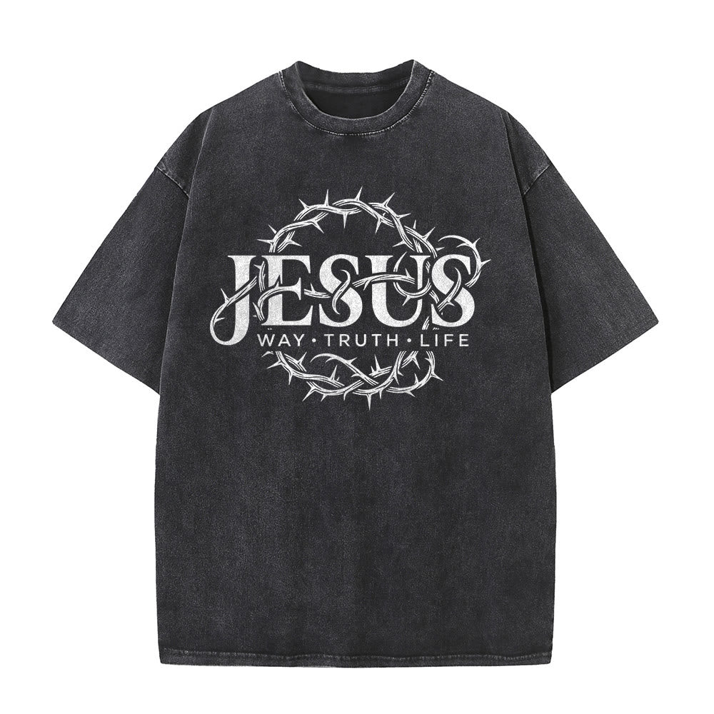 Christianartworkshop Jesus Way Truth Life Crown Of Thorns Circular Graphic Washed Unisex T-Shirt