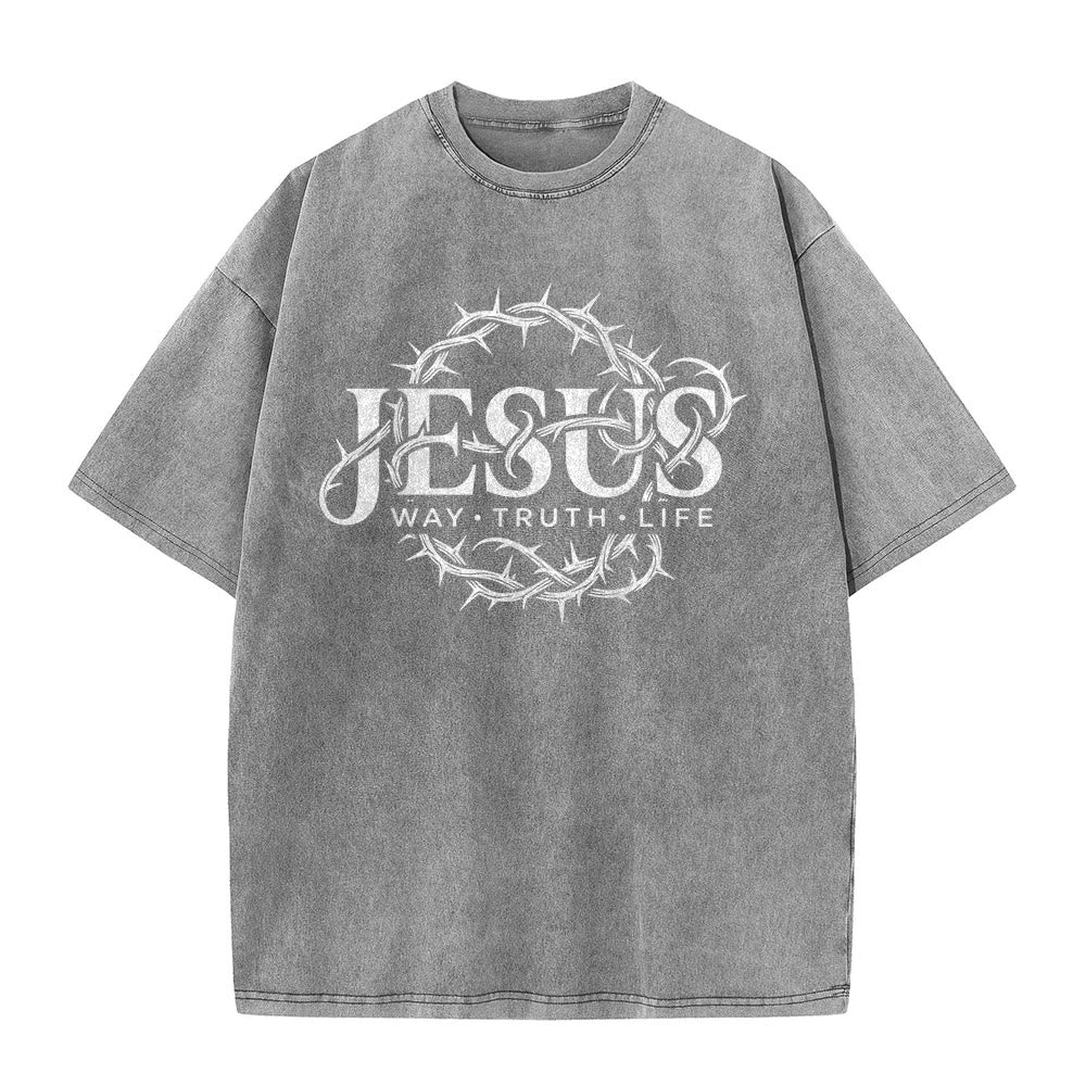 Christianartworkshop Jesus Way Truth Life Crown Of Thorns Circular Graphic Washed Unisex T-Shirt