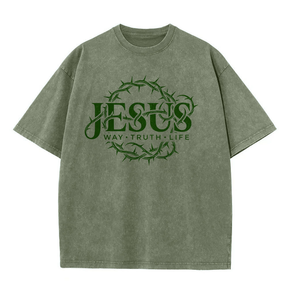 Christianartworkshop Jesus Way Truth Life Crown Of Thorns Circular Graphic Washed Unisex T-Shirt