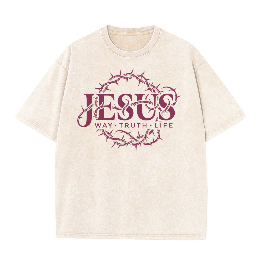 Christianartworkshop Jesus Way Truth Life Crown Of Thorns Circular Graphic Washed Unisex T-Shirt