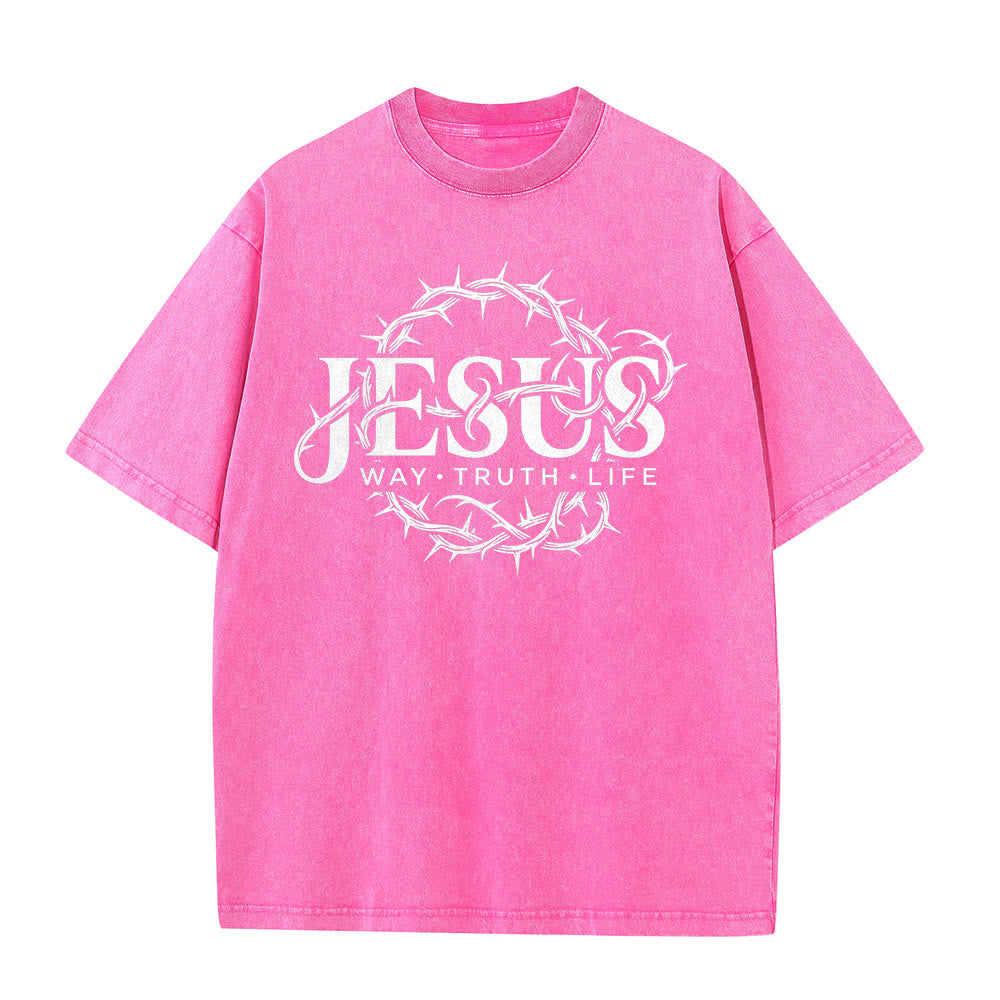 Christianartworkshop Jesus Way Truth Life Crown Of Thorns Circular Graphic Washed Unisex T-Shirt