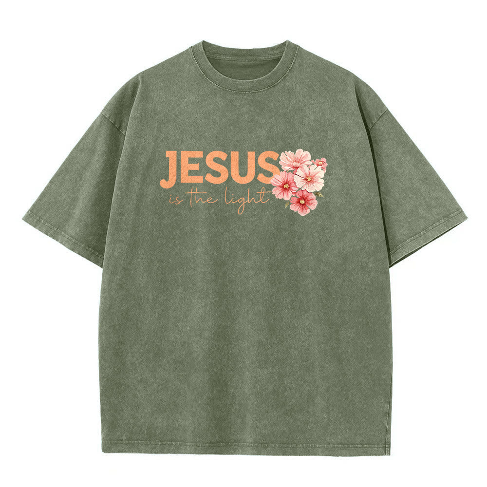 Christianartworkshop Jesus Is The Light Double Sided Floral Cross Graphic Washed Unisex T-Shirt