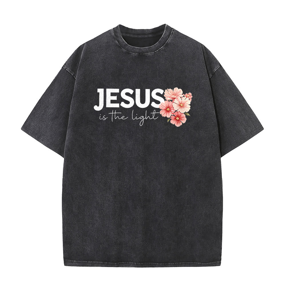 Christianartworkshop Jesus Is The Light Double Sided Floral Cross Graphic Washed Unisex T-Shirt