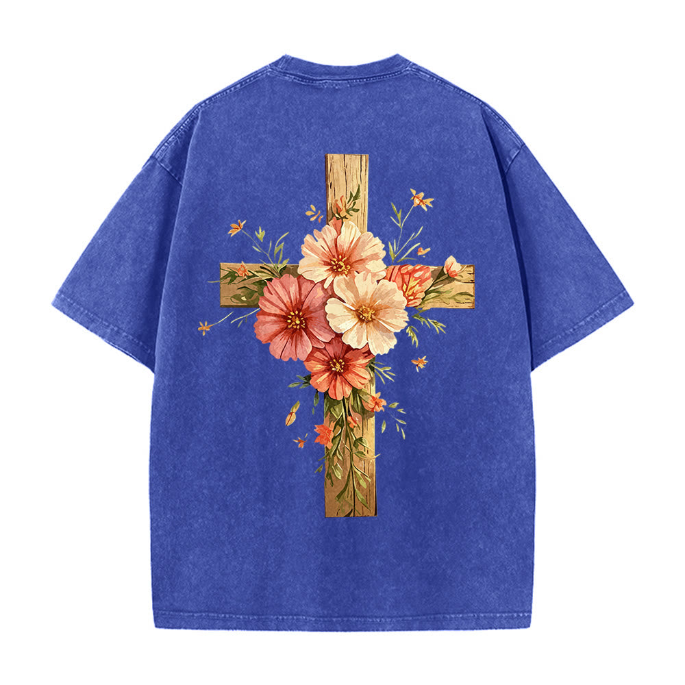Christianartworkshop Jesus Is The Light Double Sided Floral Cross Graphic Washed Unisex T-Shirt