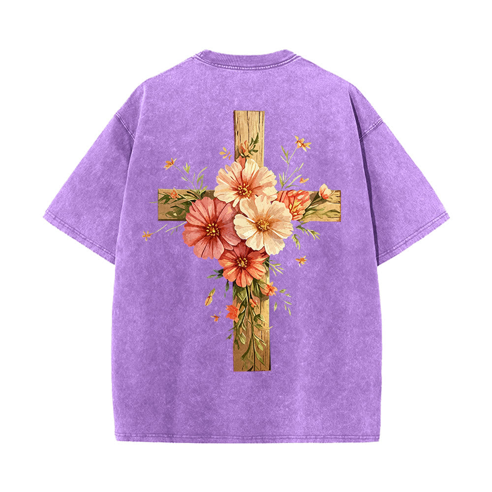 Christianartworkshop Jesus Is The Light Double Sided Floral Cross Graphic Washed Unisex T-Shirt