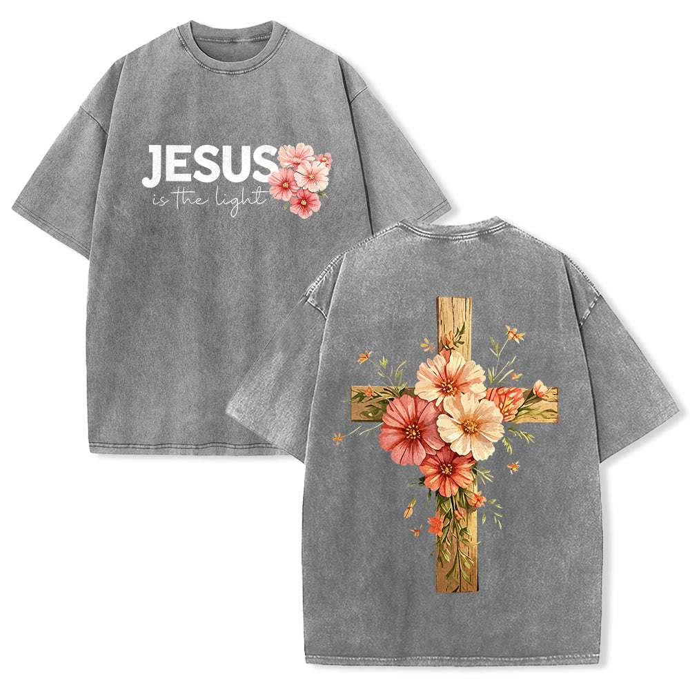 Christianartworkshop Jesus Is The Light Double Sided Floral Cross Graphic Washed Unisex T-Shirt