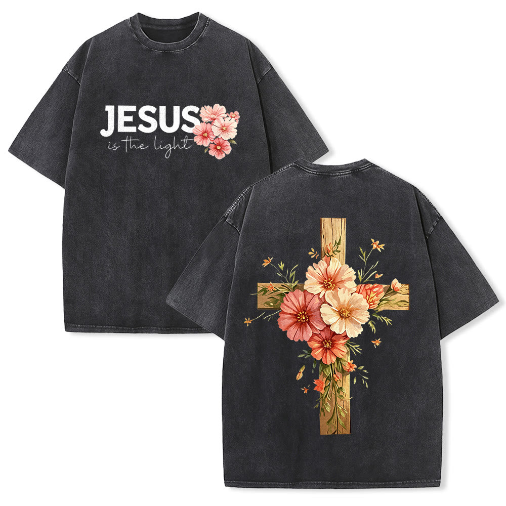 Christianartworkshop Jesus Is The Light Double Sided Floral Cross Graphic Washed Unisex T-Shirt