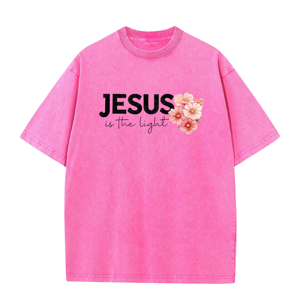 Christianartworkshop Jesus Is The Light Double Sided Floral Cross Graphic Washed Unisex T-Shirt