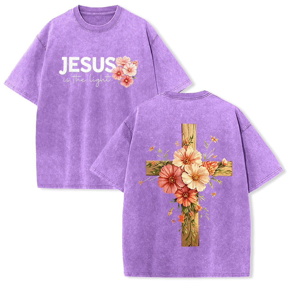 Christianartworkshop Jesus Is The Light Double Sided Floral Cross Graphic Washed Unisex T-Shirt