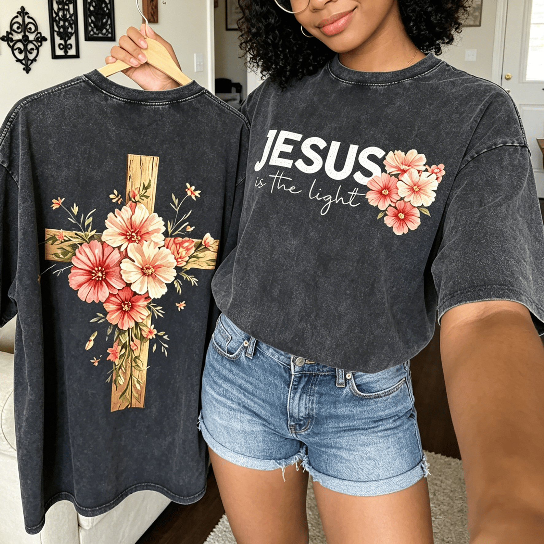 Christianartworkshop Jesus Is The Light Double Sided Floral Cross Graphic Washed Unisex T-Shirt