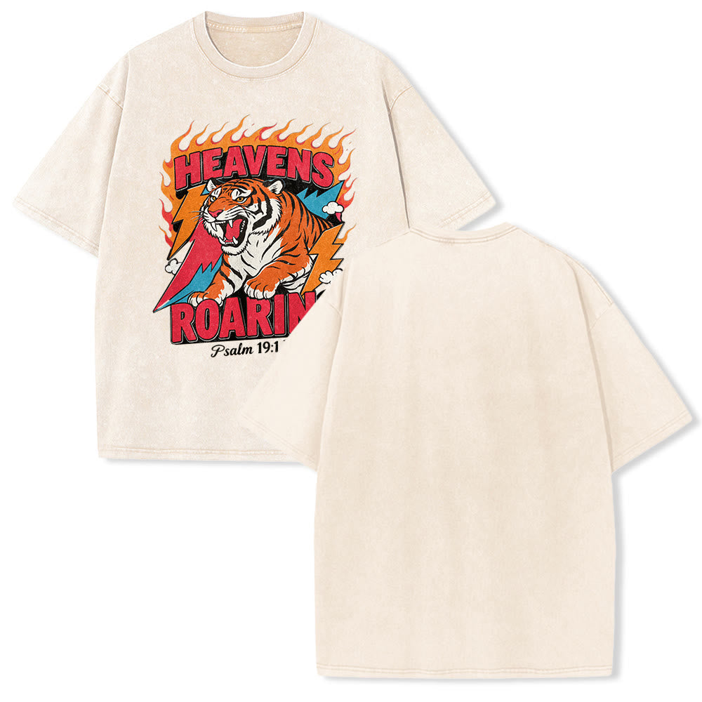 Christianartworkshop Heavens Roaring Tiger Flame Lightning Psalm 19:1 Retro Washed Unisex T-Shirt