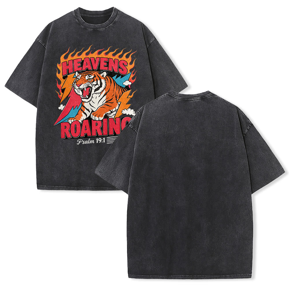 Christianartworkshop Heavens Roaring Tiger Flame Lightning Psalm 19:1 Retro Washed Unisex T-Shirt