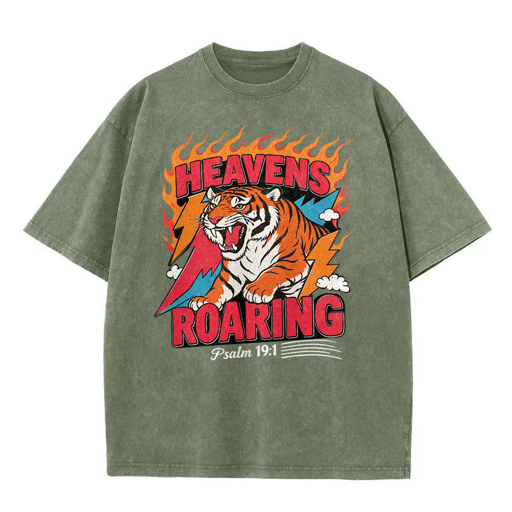 Christianartworkshop Heavens Roaring Tiger Flame Lightning Psalm 19:1 Retro Washed Unisex T-Shirt