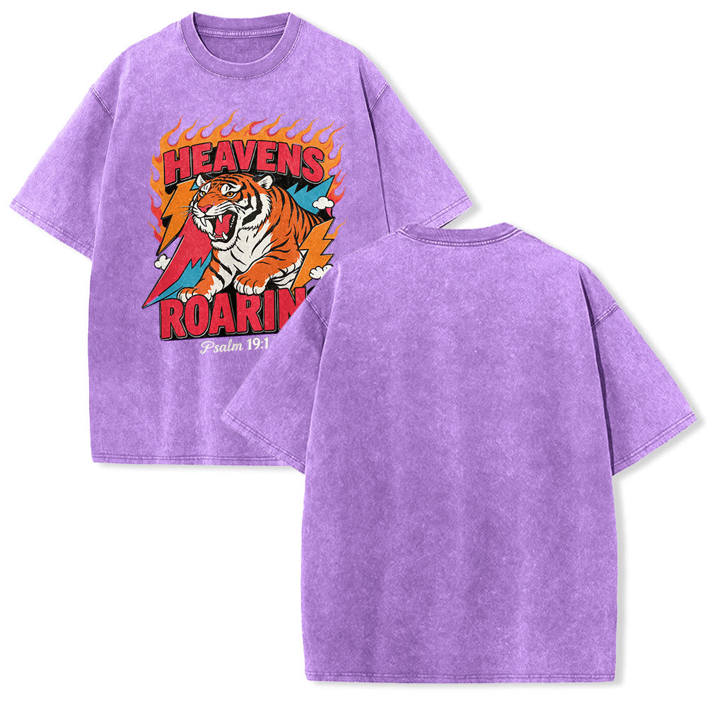 Christianartworkshop Heavens Roaring Tiger Flame Lightning Psalm 19:1 Retro Washed Unisex T-Shirt