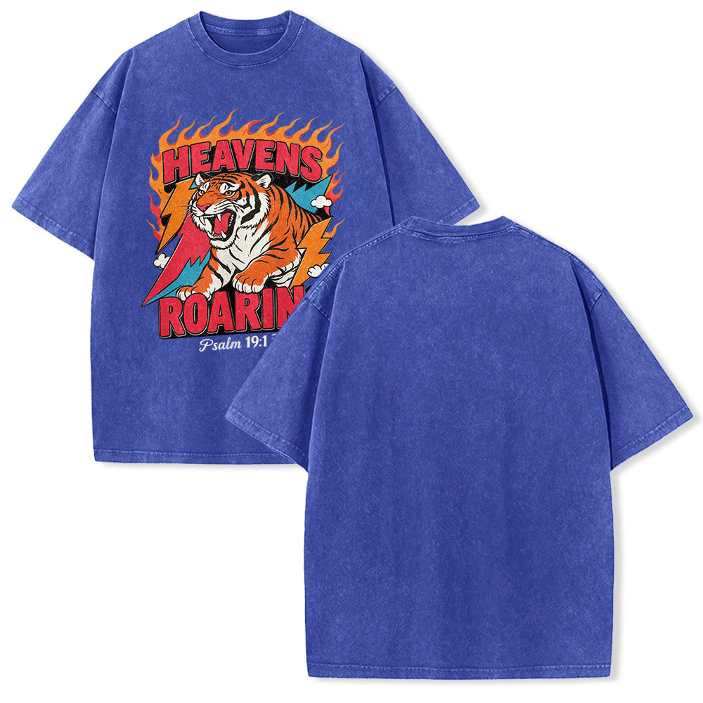 Christianartworkshop Heavens Roaring Tiger Flame Lightning Psalm 19:1 Retro Washed Unisex T-Shirt