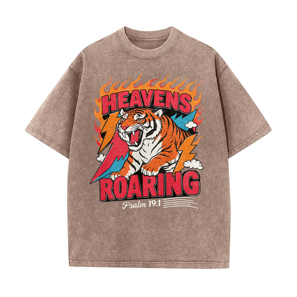 Christianartworkshop Heavens Roaring Tiger Flame Lightning Psalm 19:1 Retro Washed Unisex T-Shirt