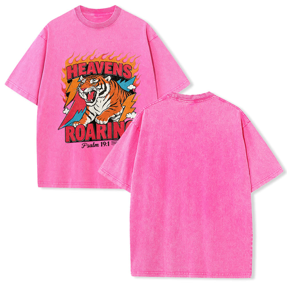 Christianartworkshop Heavens Roaring Tiger Flame Lightning Psalm 19:1 Retro Washed Unisex T-Shirt
