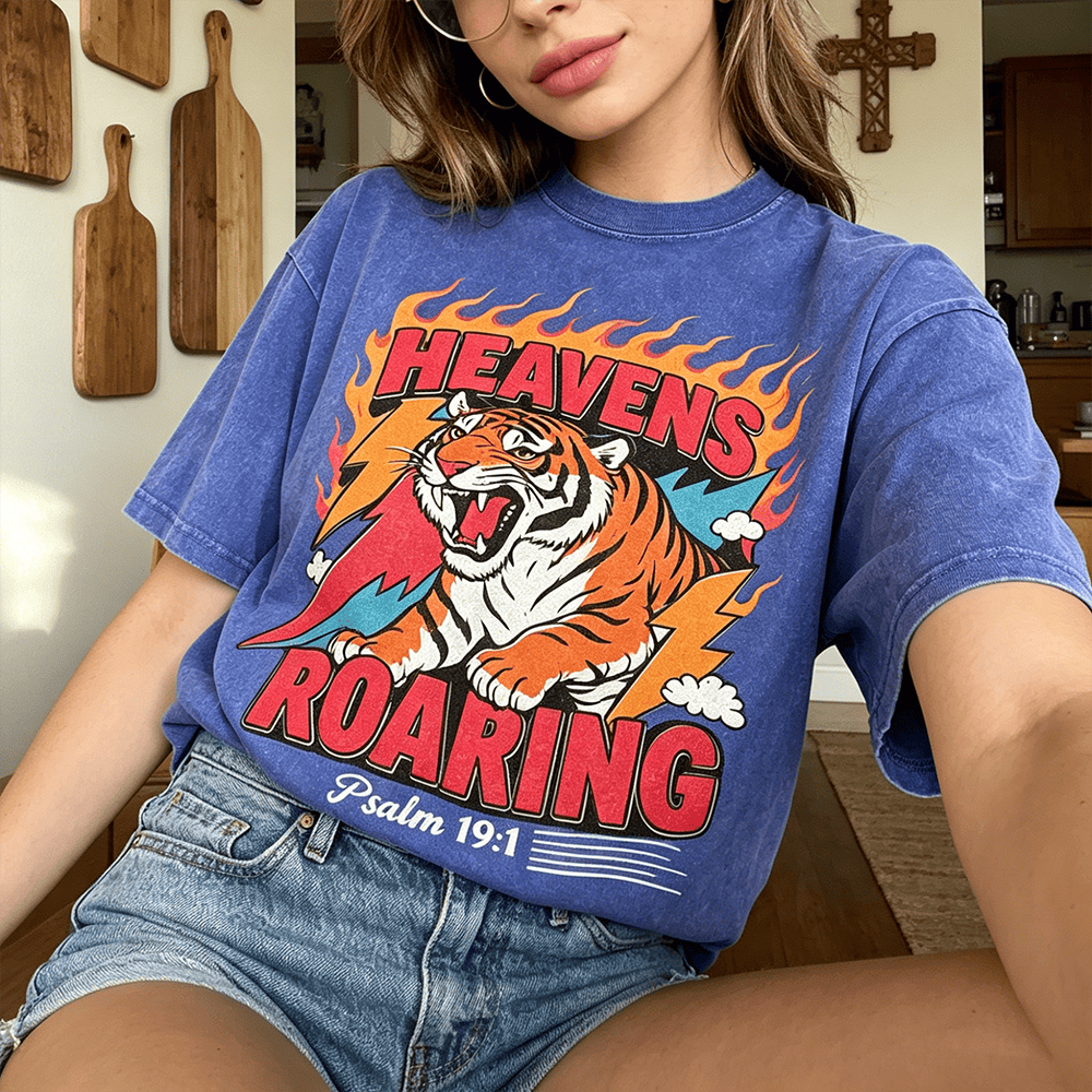 Christianartworkshop Heavens Roaring Tiger Flame Lightning Psalm 19:1 Retro Washed Unisex T-Shirt