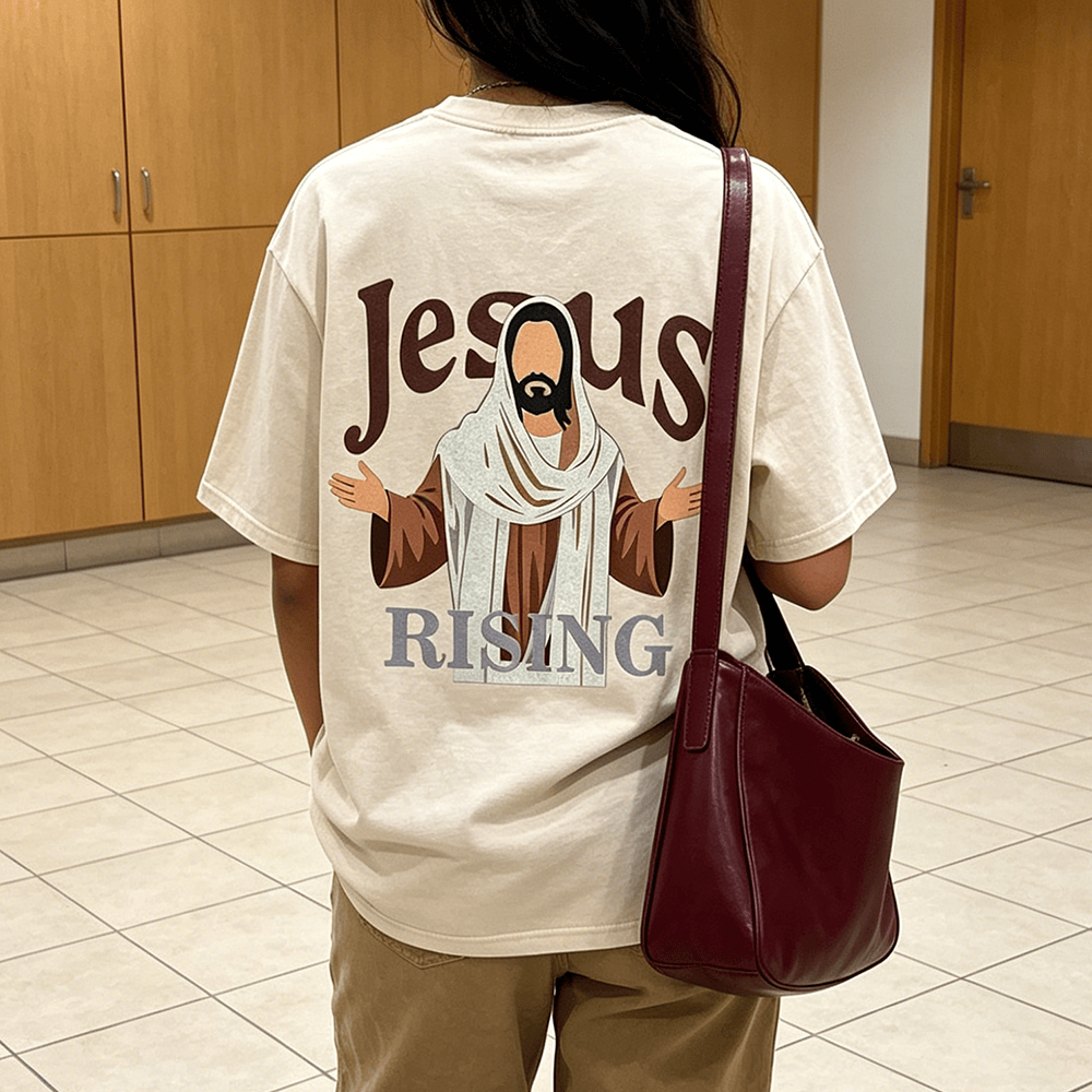 Christianartworkshop Jesus Rising Open Arms Christ Figure Back Print Vintage Washed Unisex T-Shirt
