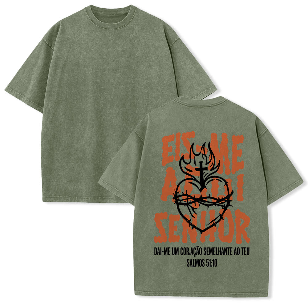 Christianartworkshop Portuguese Spiritual Phrase Thorn Sacred Heart Cross Flame Back Graphic Washed Unisex T-Shirt