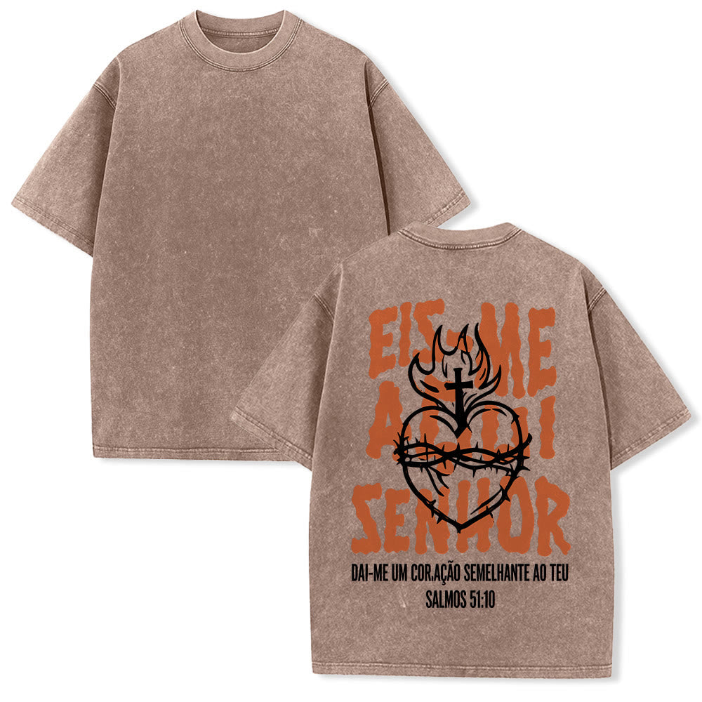 Christianartworkshop Portuguese Spiritual Phrase Thorn Sacred Heart Cross Flame Back Graphic Washed Unisex T-Shirt